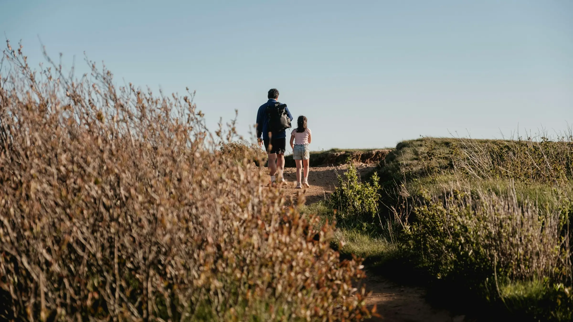 Un adulto y una niña caminando juntos de espaldas por un sendero entre matorrales, con luz de tarde